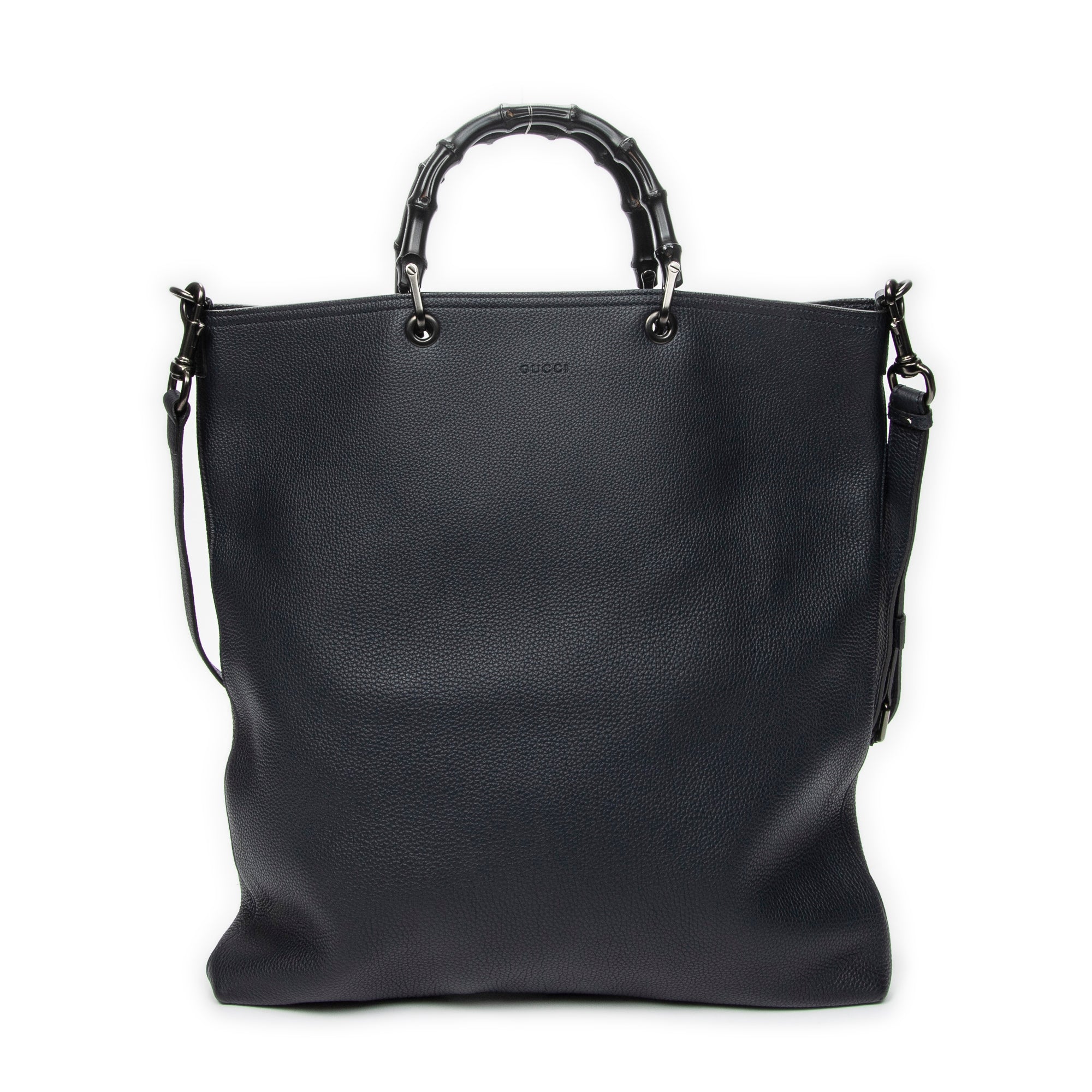 Shoulder Bag Large Bamboo Vertical Tote Navy Grained Calfskin Leather