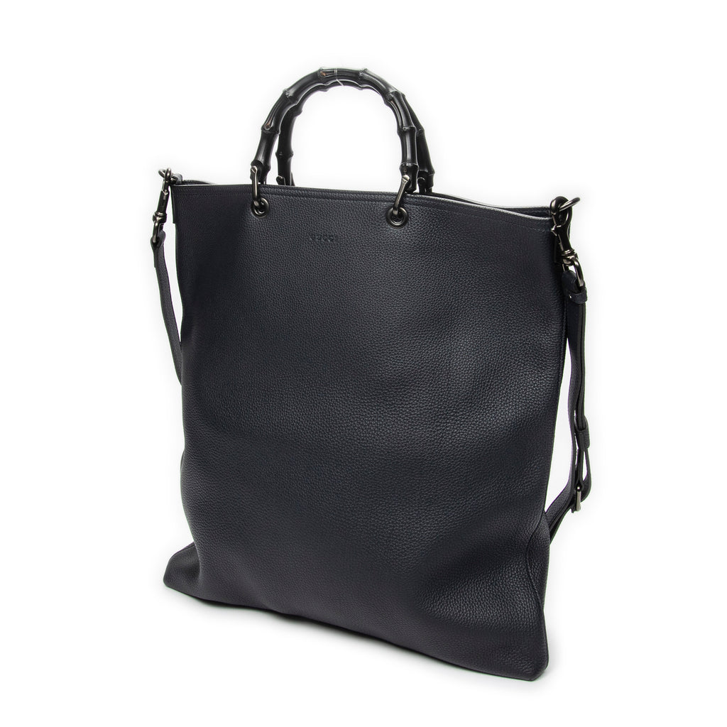 Shoulder Bag Large Bamboo Vertical Tote Navy Grained Calfskin Leather