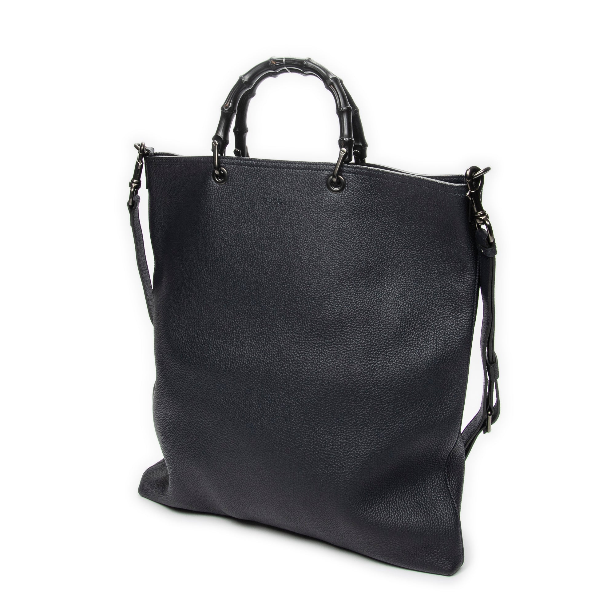 Shoulder Bag Large Bamboo Vertical Tote Navy Grained Calfskin Leather