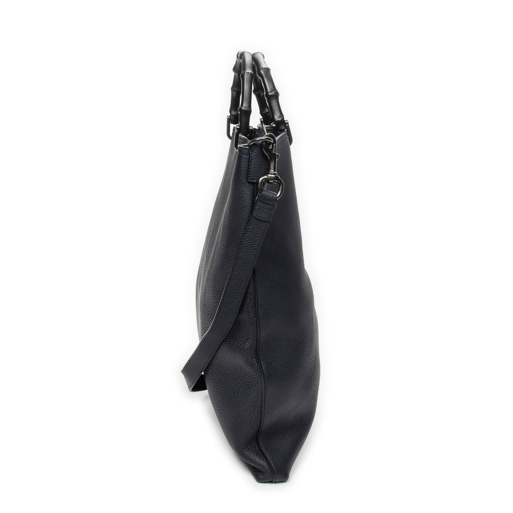 Shoulder Bag Large Bamboo Vertical Tote Navy Grained Calfskin Leather