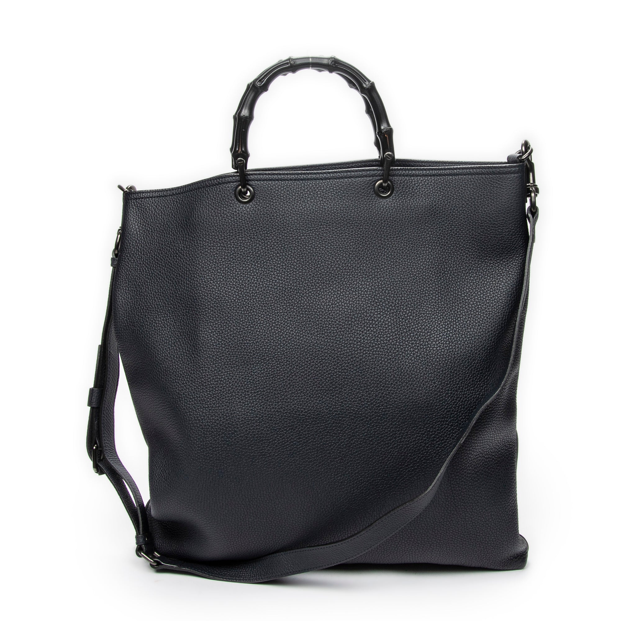 Shoulder Bag Large Bamboo Vertical Tote Navy Grained Calfskin Leather