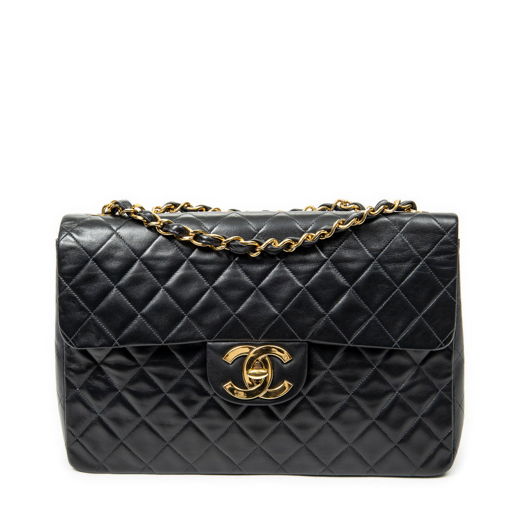 Shoulder Bag Maxi Jumbo XL Flap Black Quilted Lambskin Leather