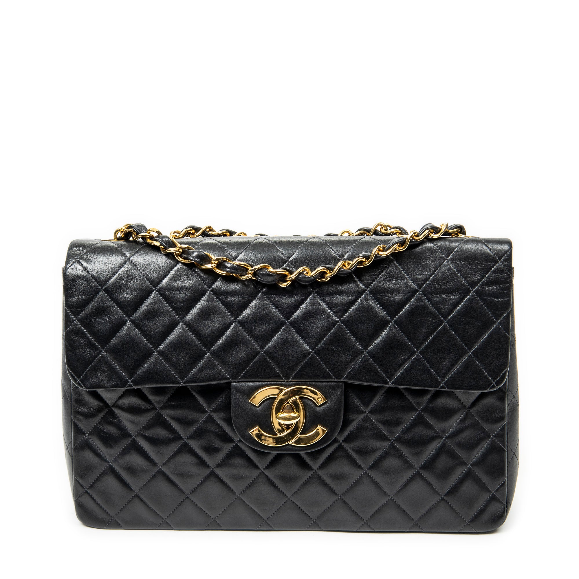 Shoulder Bag Maxi Jumbo XL Flap Black Quilted Lambskin Leather