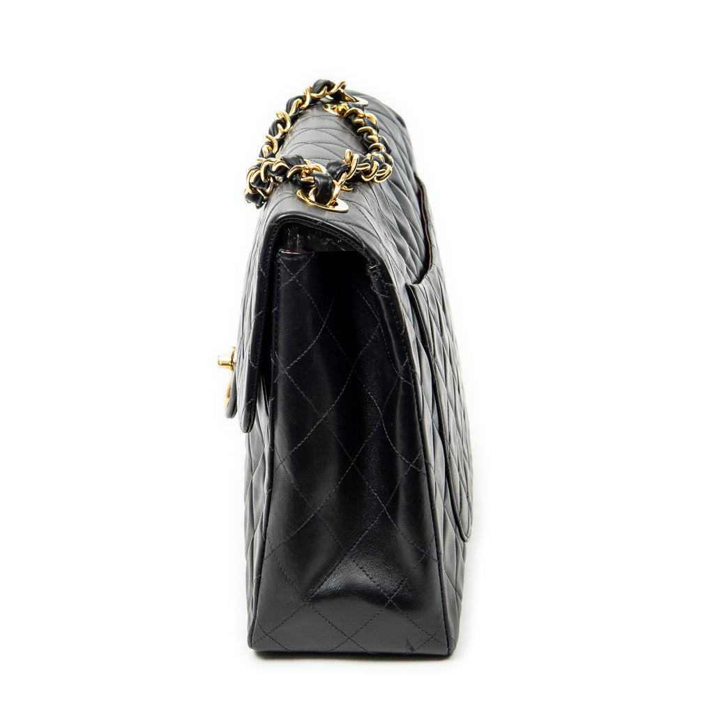 Shoulder Bag Maxi Jumbo XL Flap Black Quilted Lambskin Leather