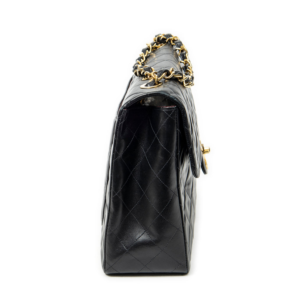 Shoulder Bag Maxi Jumbo XL Flap Black Quilted Lambskin Leather