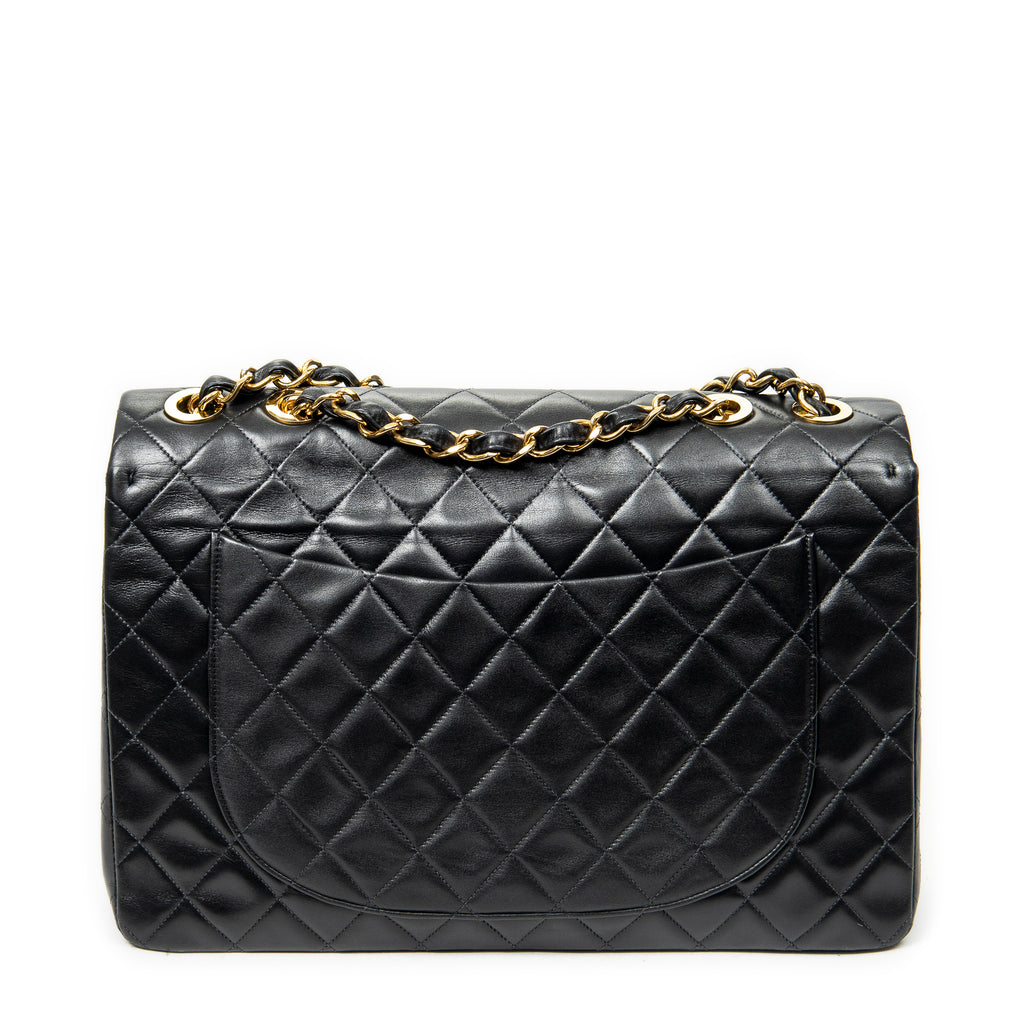 Shoulder Bag Maxi Jumbo XL Flap Black Quilted Lambskin Leather