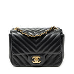 Shoulder Bag Mini Classic Square Flap Black Chevron Quilted Calfskin Leather