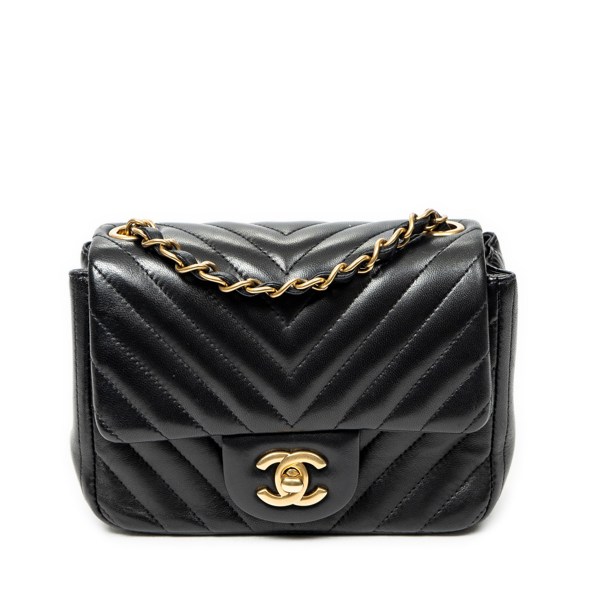 Shoulder Bag Mini Classic Square Flap Black Chevron Quilted Calfskin Leather