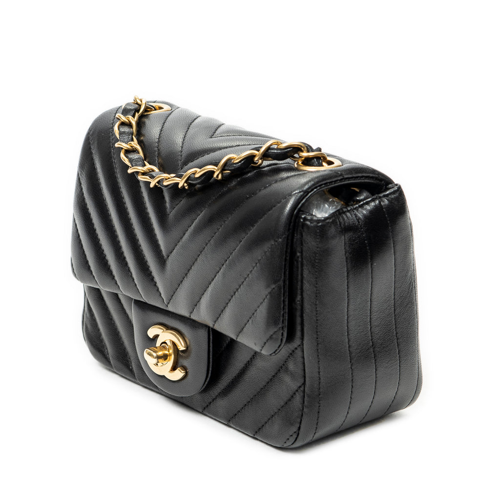 Shoulder Bag Mini Classic Square Flap Black Chevron Quilted Calfskin Leather