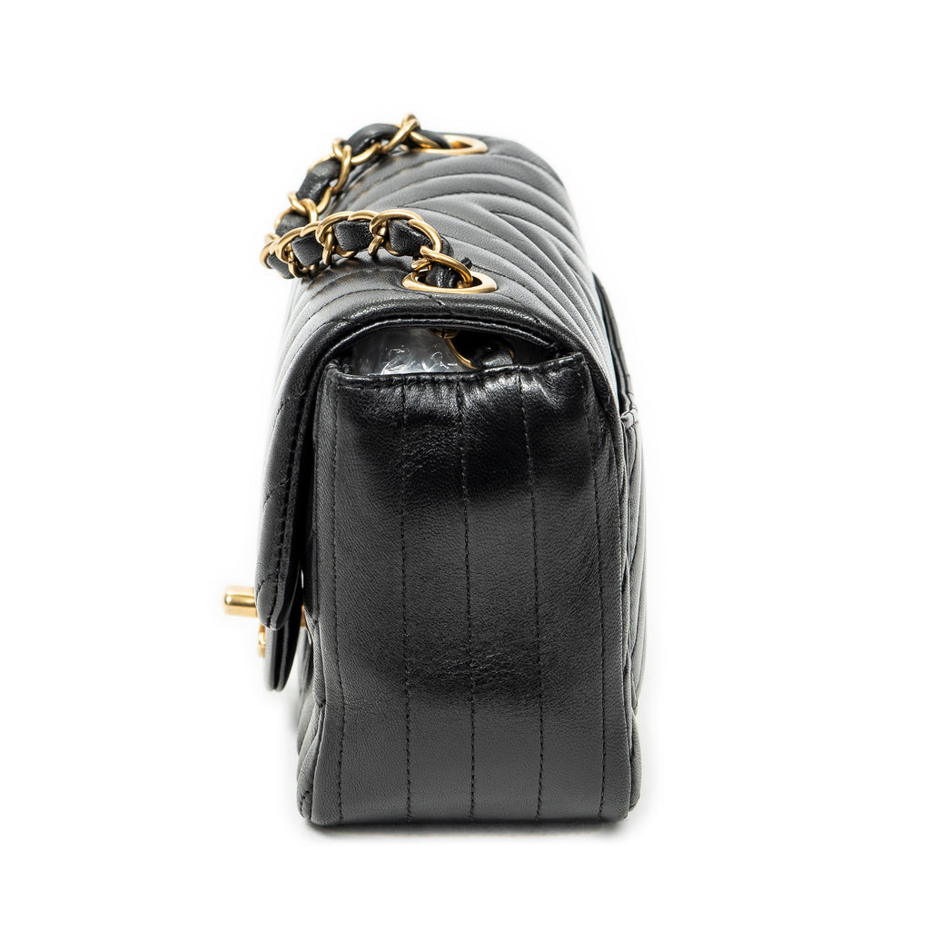 Shoulder Bag Mini Classic Square Flap Black Chevron Quilted Calfskin Leather