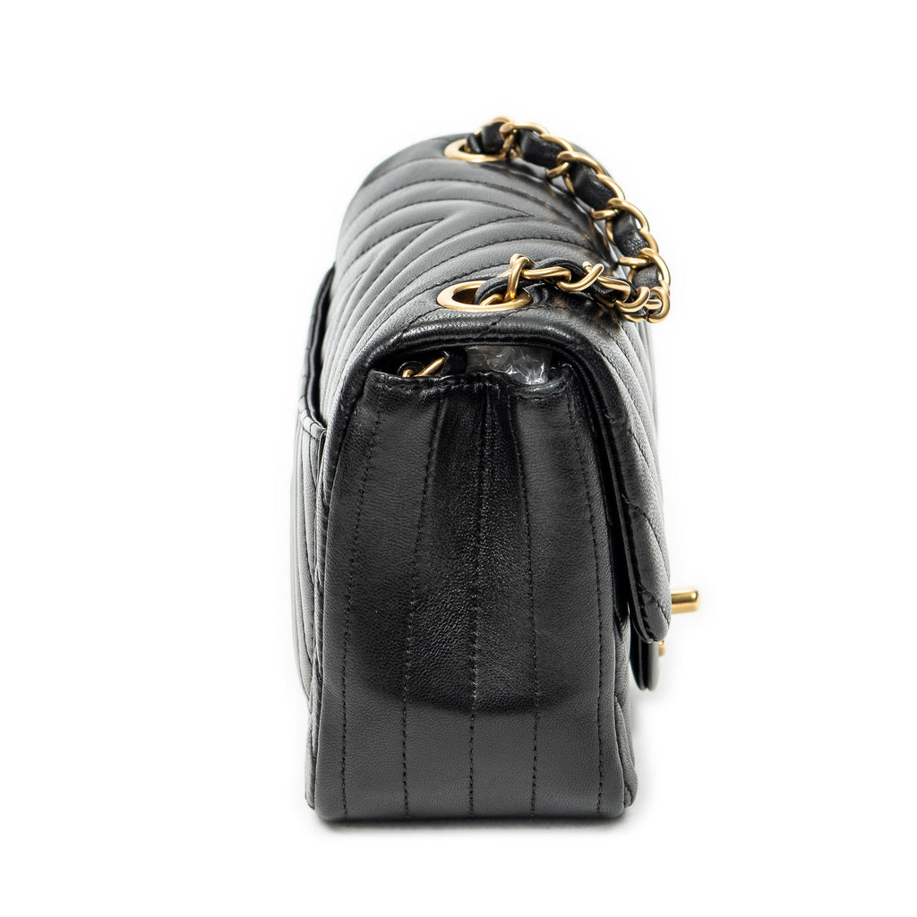 Shoulder Bag Mini Classic Square Flap Black Chevron Quilted Calfskin Leather