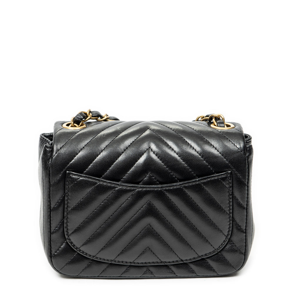 Shoulder Bag Mini Classic Square Flap Black Chevron Quilted Calfskin Leather
