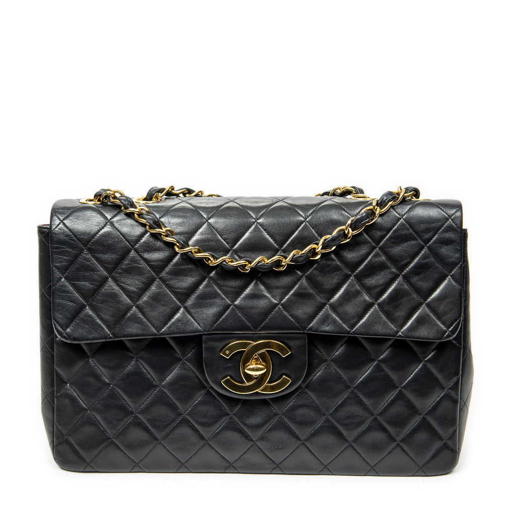 Shoulder Bag Maxi Jumbo XL Flap Black Quilted Lambskin Leather