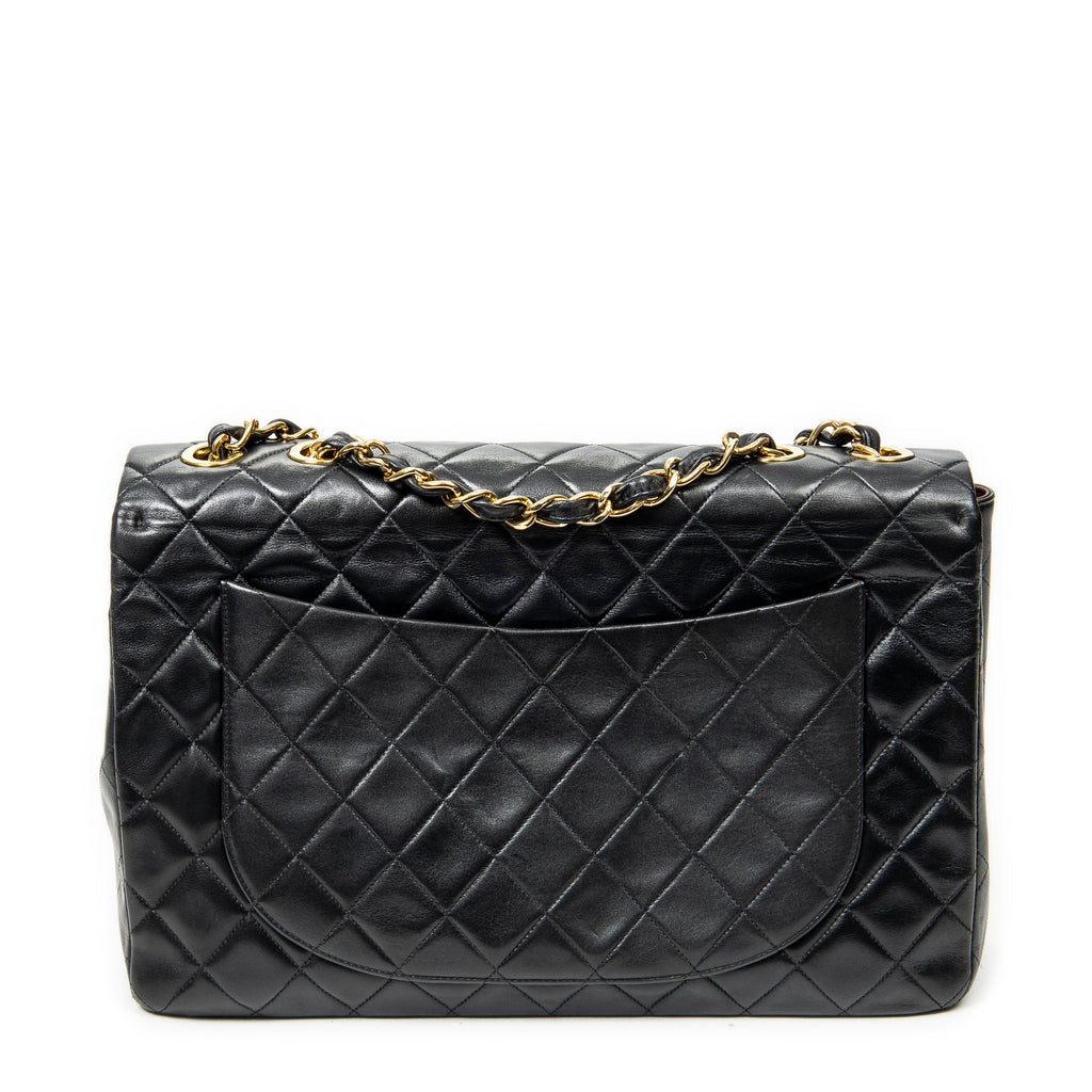 Shoulder Bag Maxi Jumbo XL Flap Black Quilted Lambskin Leather