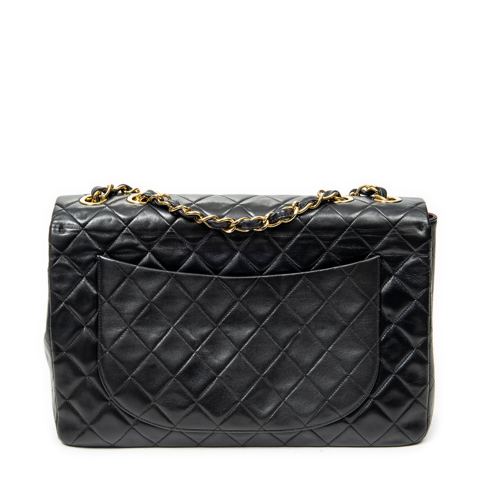 Shoulder Bag Maxi Jumbo XL Flap Black Quilted Lambskin Leather