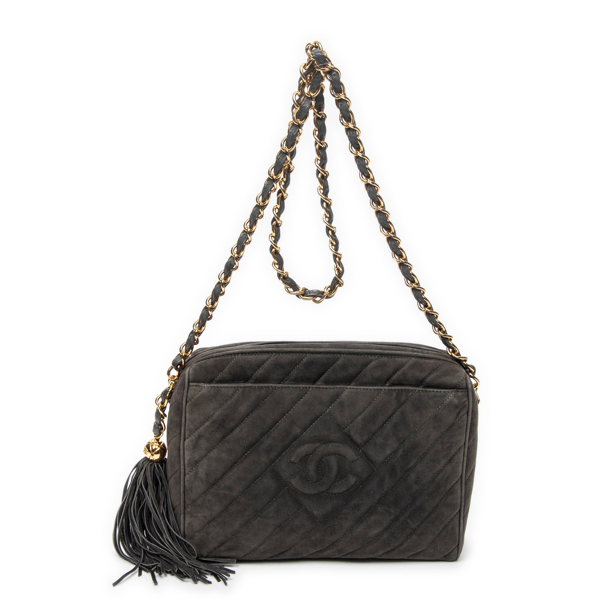 Shoulder Bag CC Tassel Camera Bag Grey Quilted Suede Leather