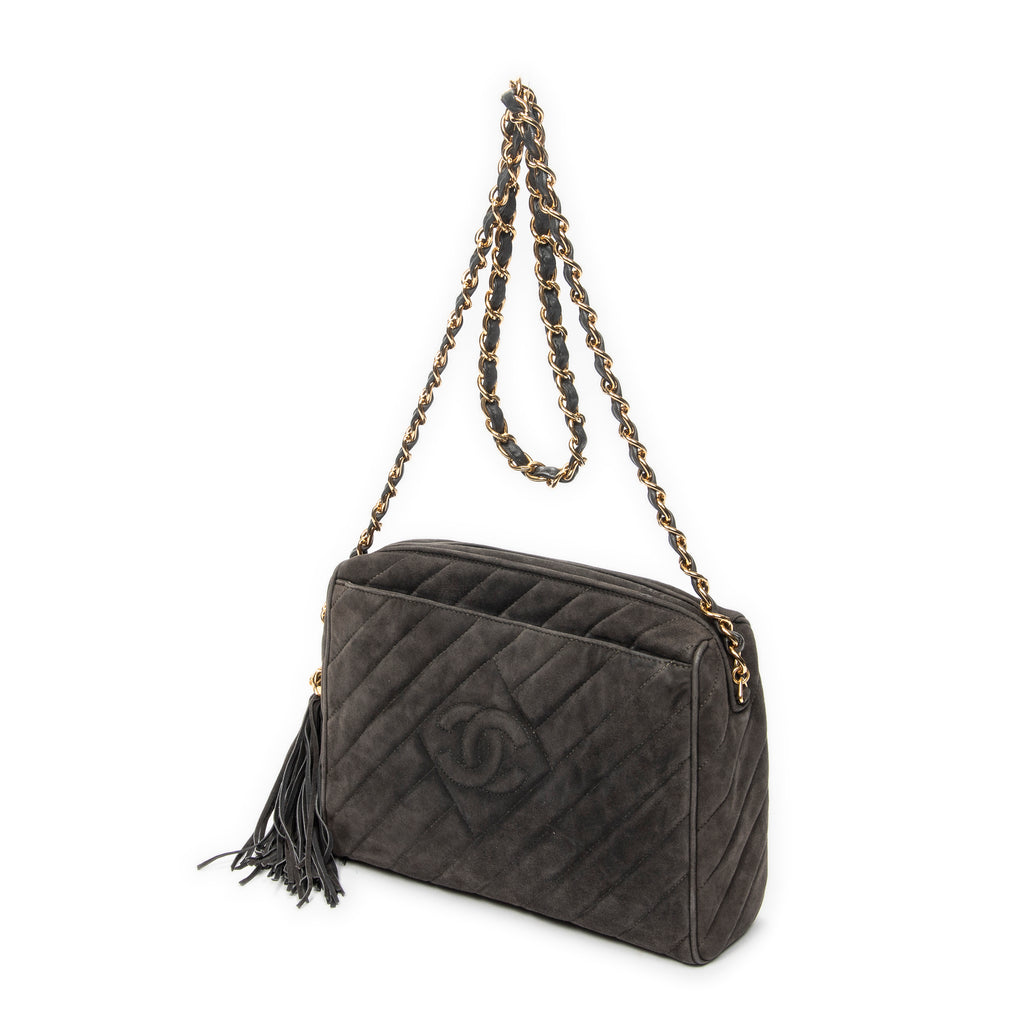 Shoulder Bag CC Tassel Camera Bag Grey Quilted Suede Leather