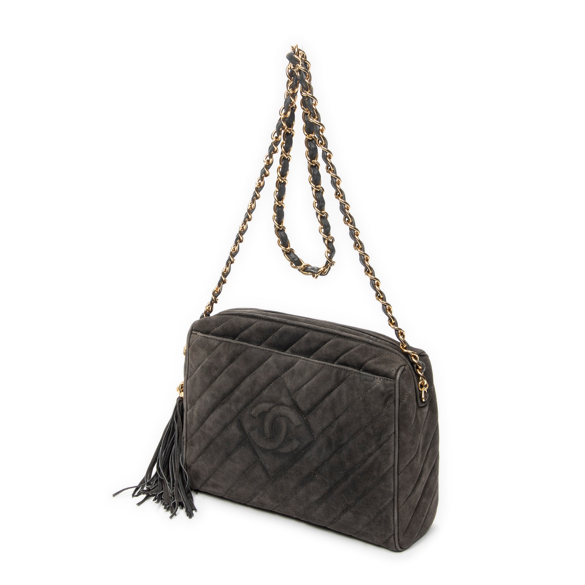 Shoulder Bag CC Tassel Camera Bag Grey Quilted Suede Leather