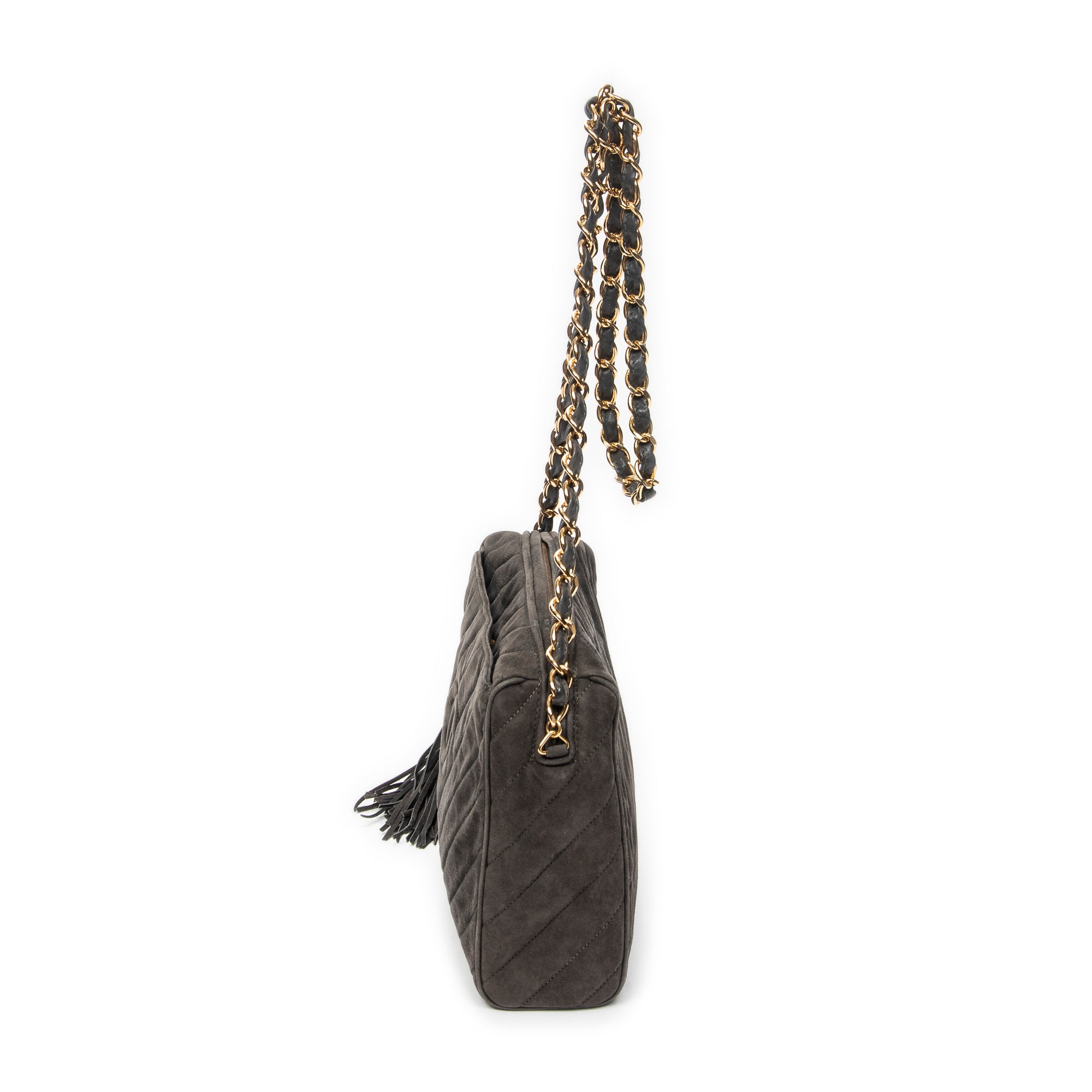 Shoulder Bag CC Tassel Camera Bag Grey Quilted Suede Leather