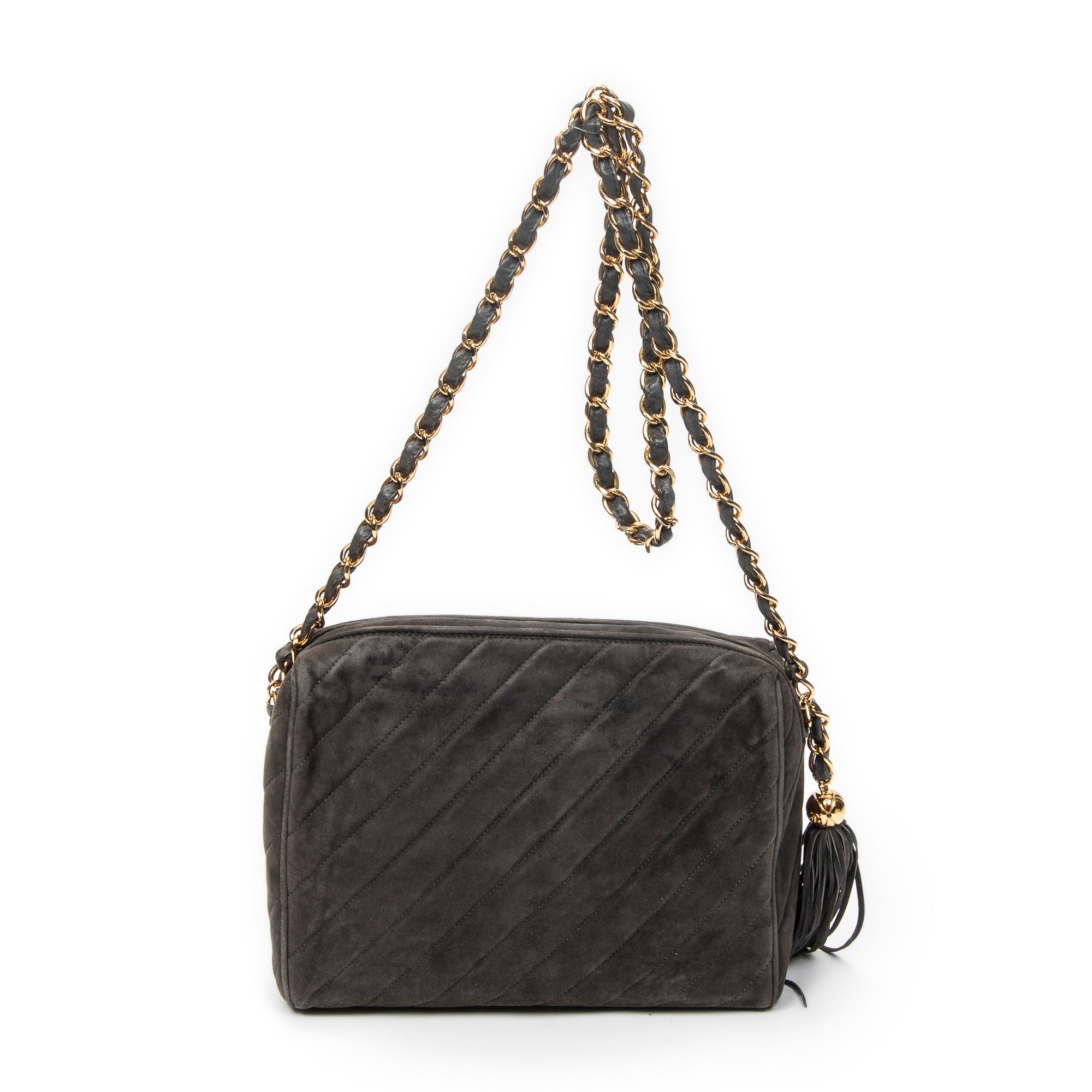 Shoulder Bag CC Tassel Camera Bag Grey Quilted Suede Leather