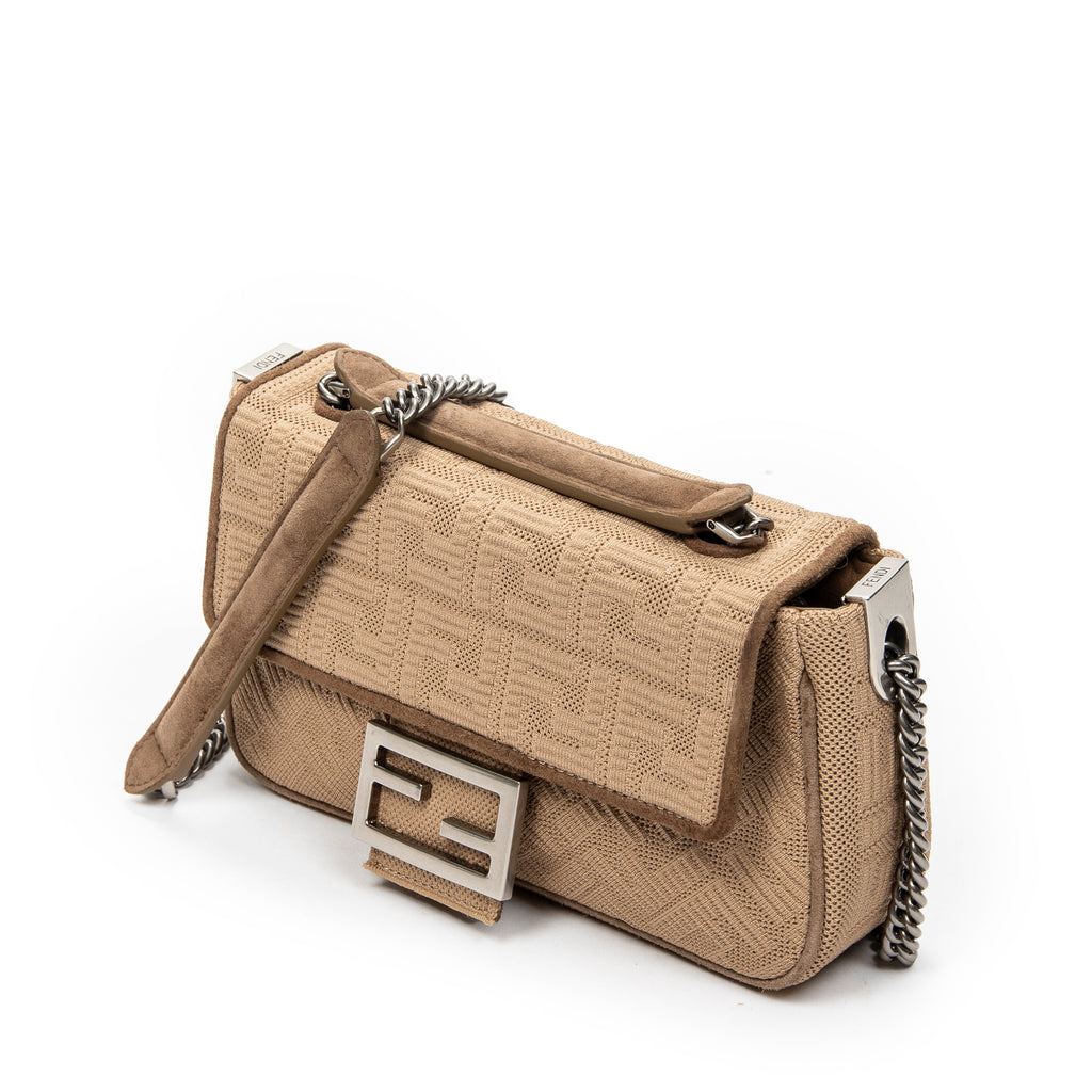 Shoulder Bag Midi Baguette Chain Crossbody Beige Technical Fabric FF Canvas