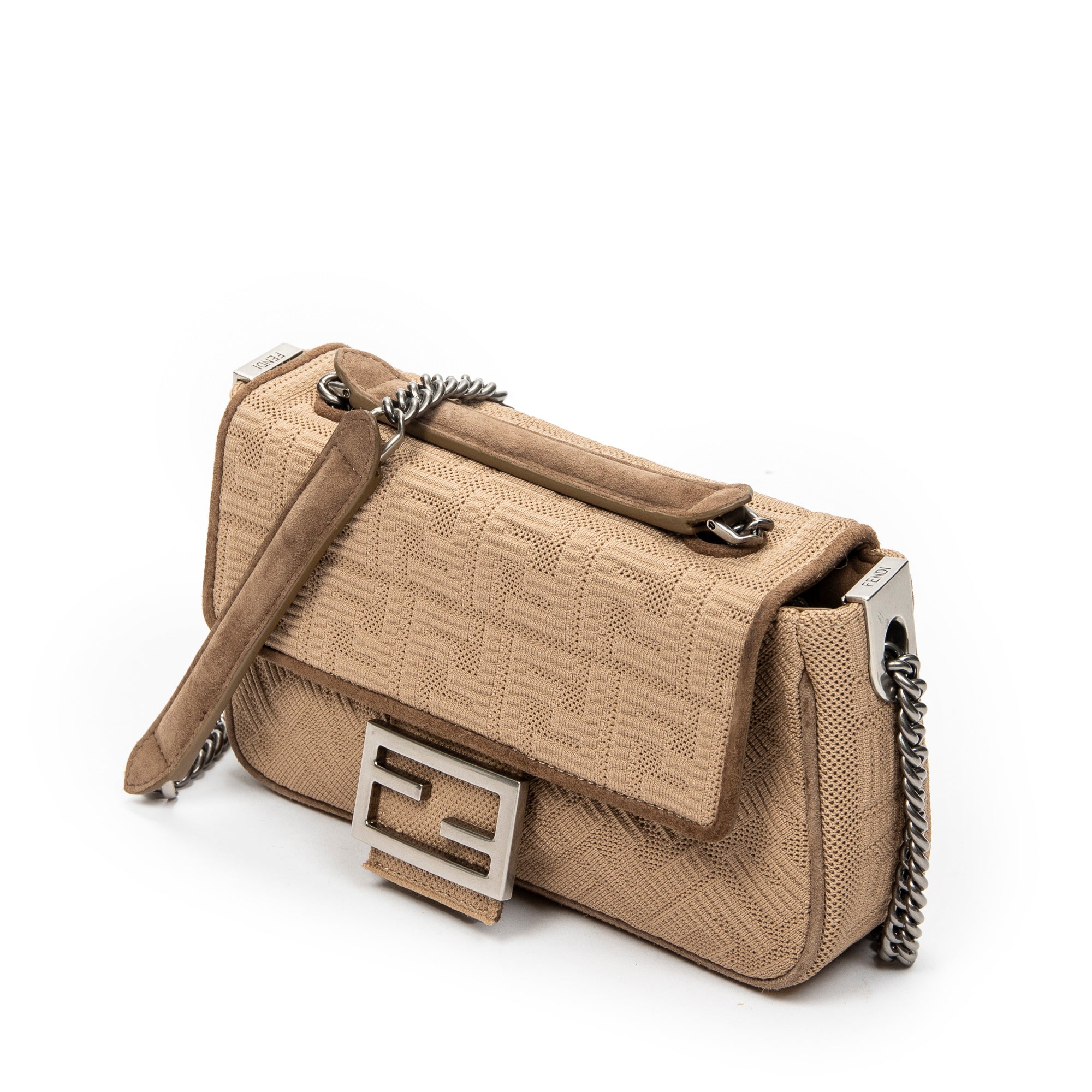 Shoulder Bag Midi Baguette Chain Crossbody Beige Technical Fabric FF Canvas