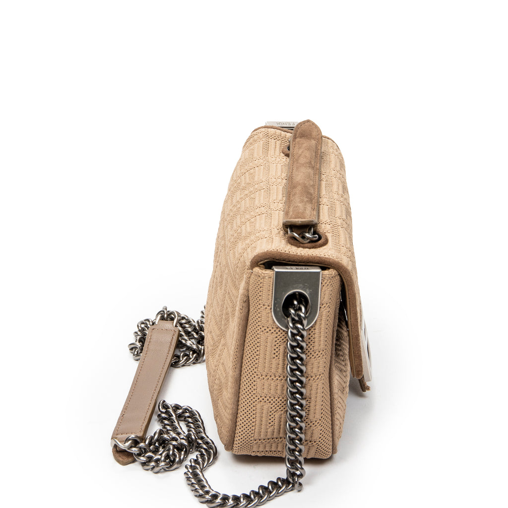 Shoulder Bag Midi Baguette Chain Crossbody Beige Technical Fabric FF Canvas