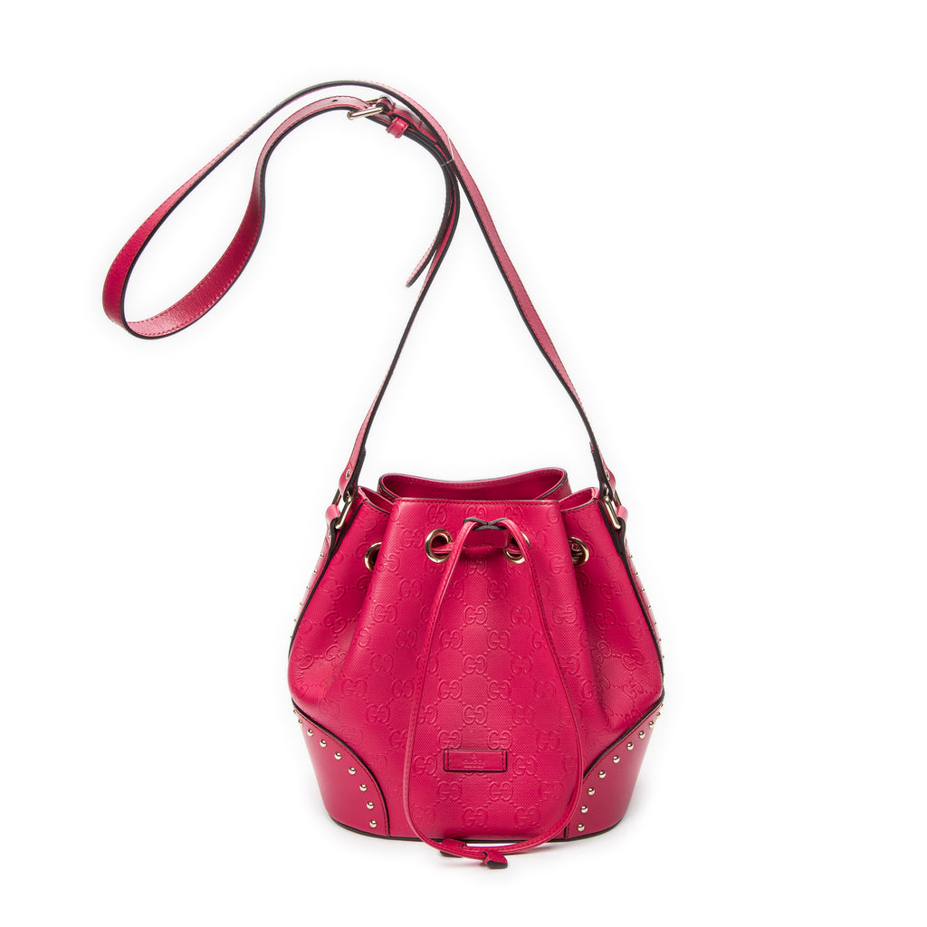 Shoulder Bag Small Drawstring Bucket Bag Fuchsia Pink GG Embossed Leather