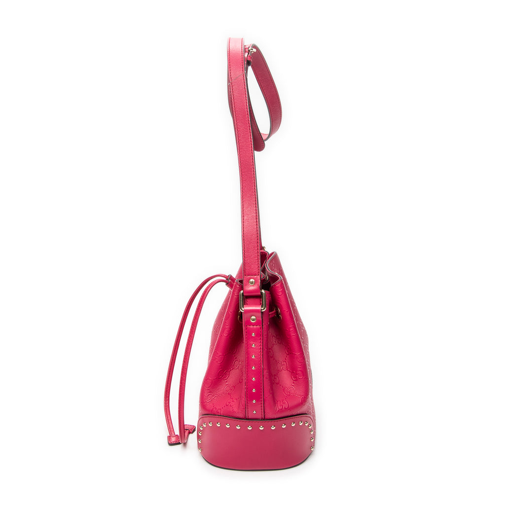 Shoulder Bag Small Drawstring Bucket Bag Fuchsia Pink GG Embossed Leather