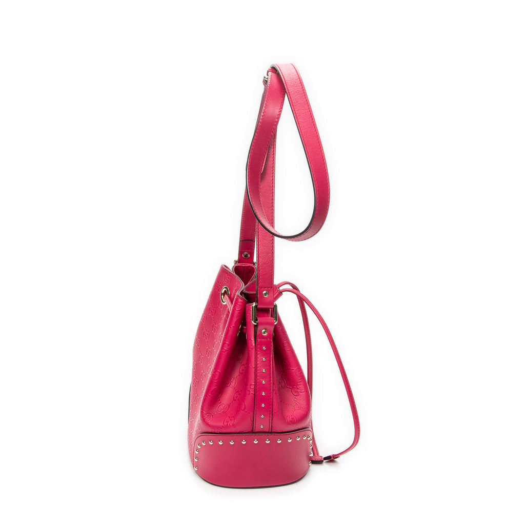 Shoulder Bag Small Drawstring Bucket Bag Fuchsia Pink GG Embossed Leather