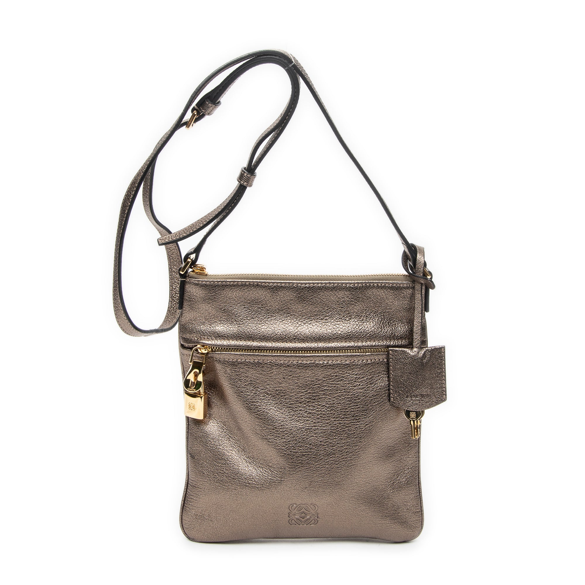 Shoulder Bag Flat Zip Crossbody Bronze Metallic Goatskin Leather