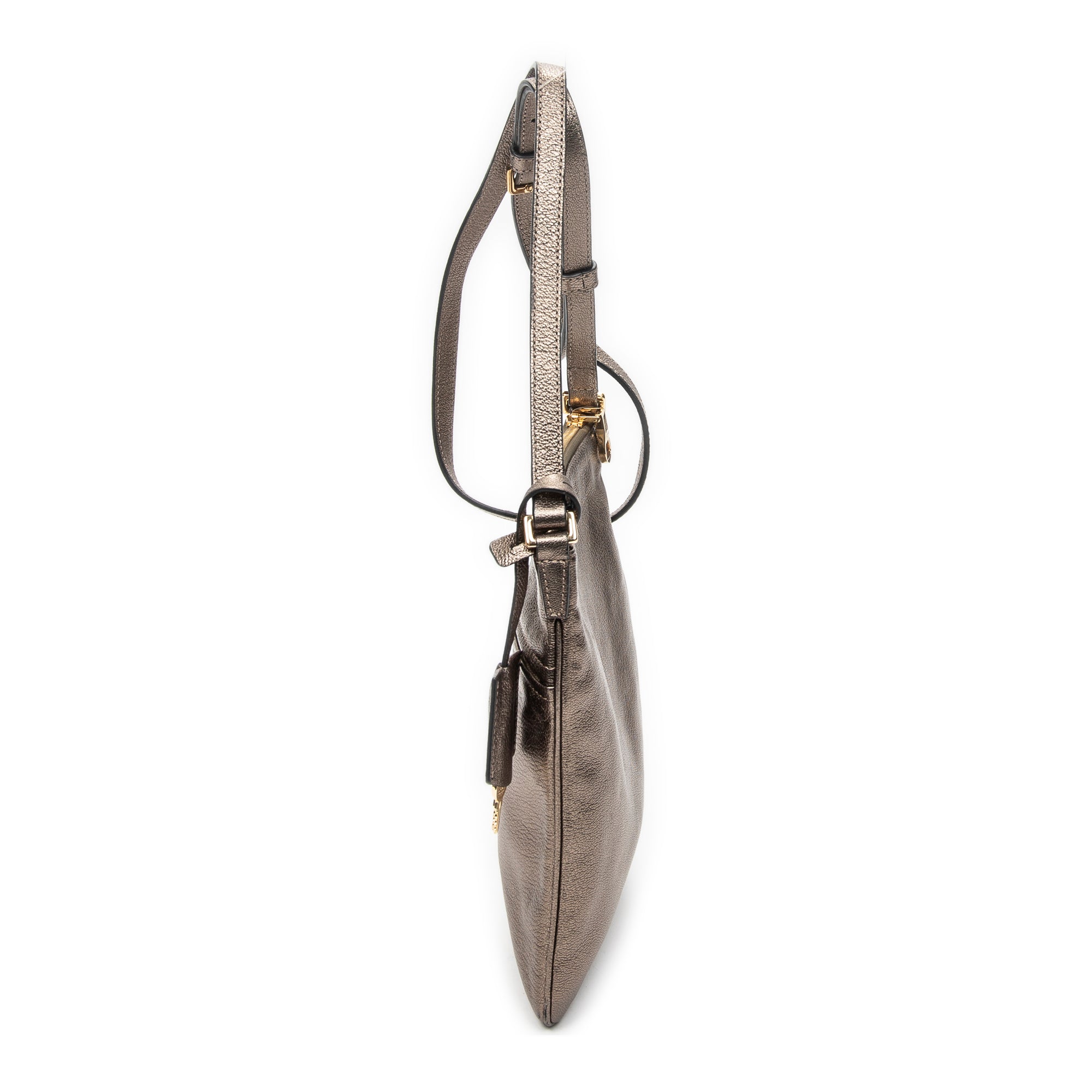Shoulder Bag Flat Zip Crossbody Bronze Metallic Goatskin Leather
