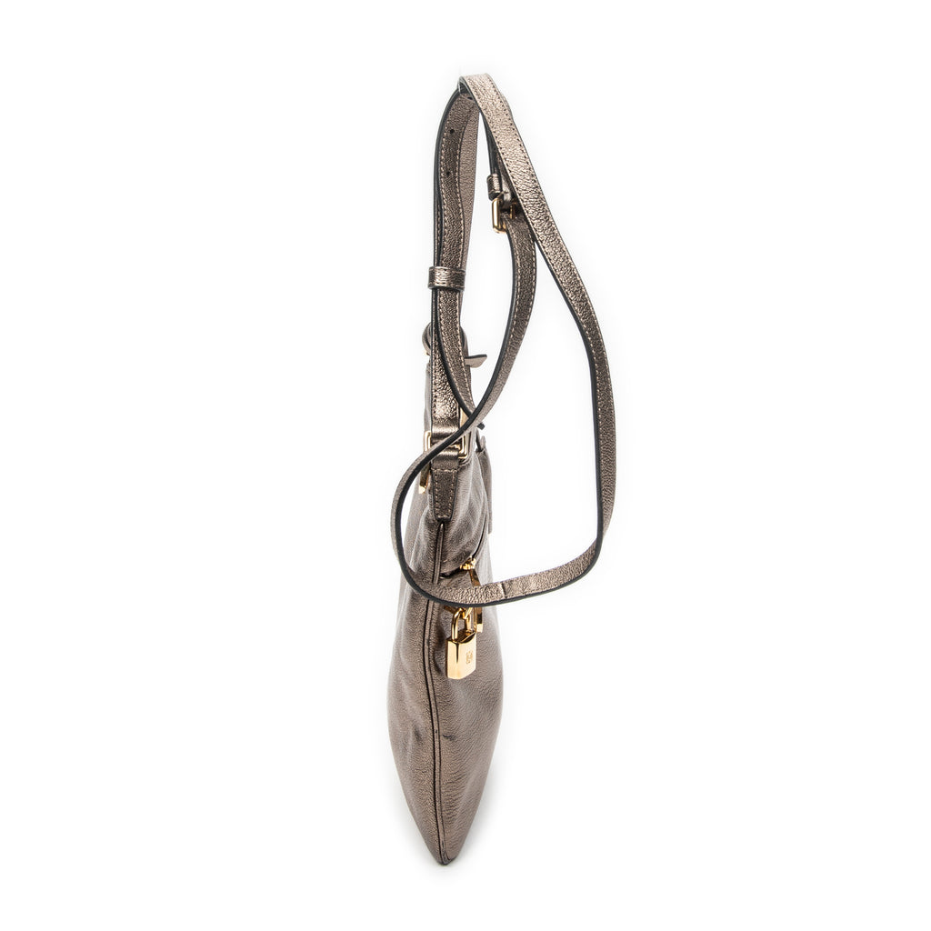 Shoulder Bag Flat Zip Crossbody Bronze Metallic Goatskin Leather
