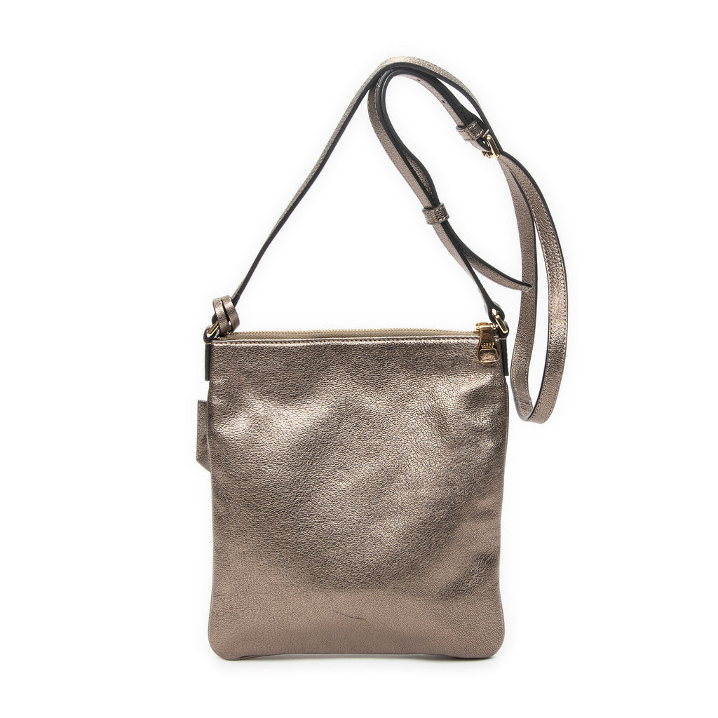 Shoulder Bag Flat Zip Crossbody Bronze Metallic Goatskin Leather