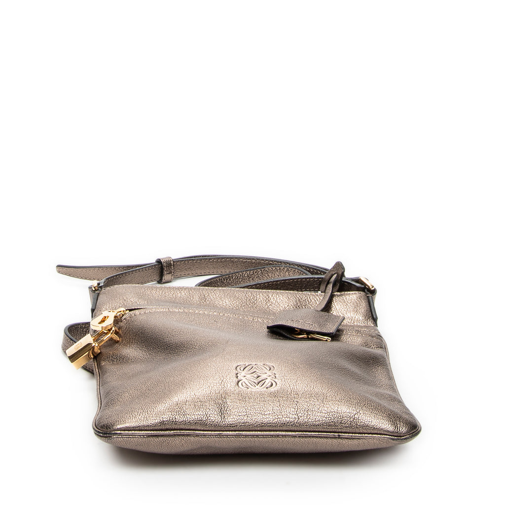 Shoulder Bag Flat Zip Crossbody Bronze Metallic Goatskin Leather