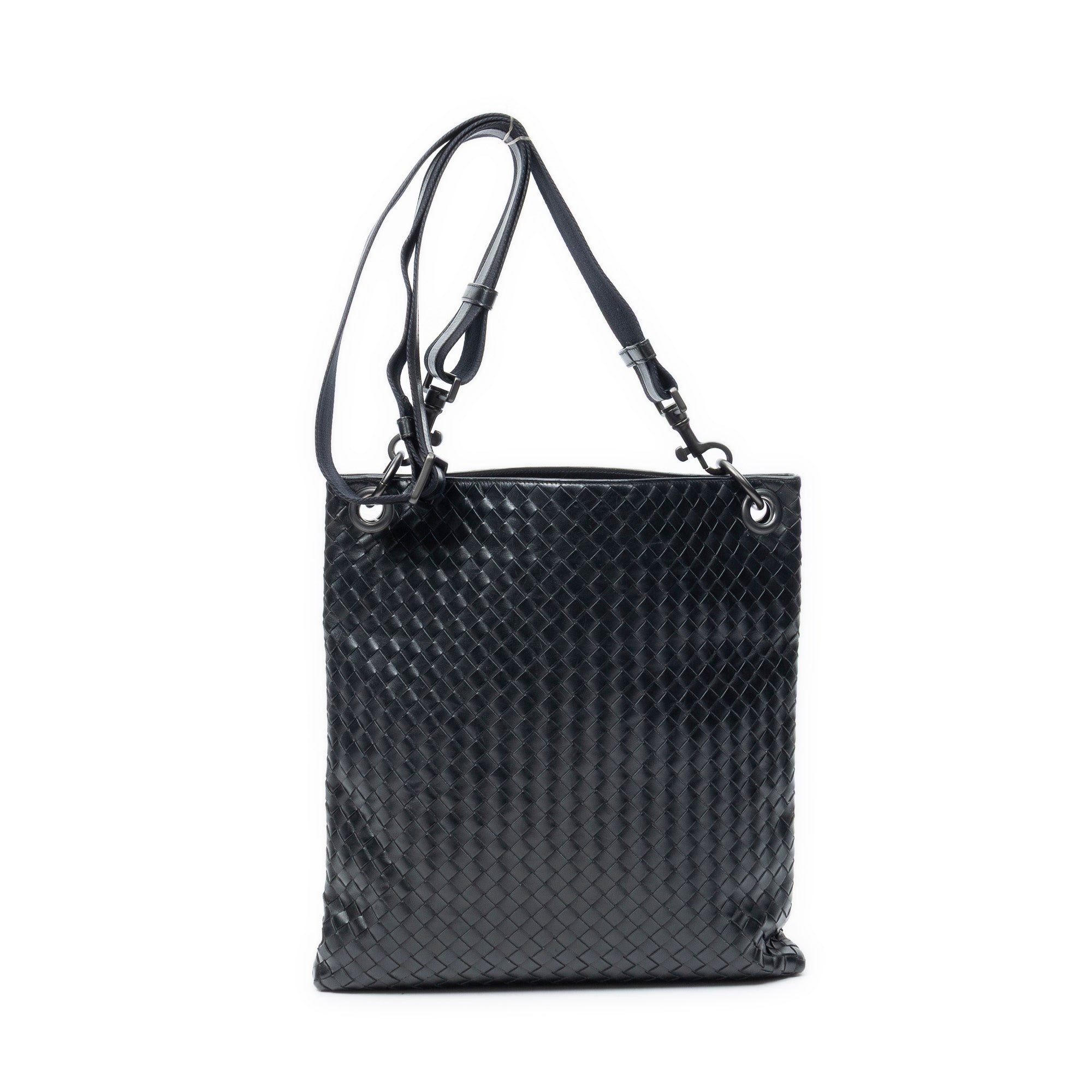Shoulder Bag Flat Messenger Black Intrecciato Leather