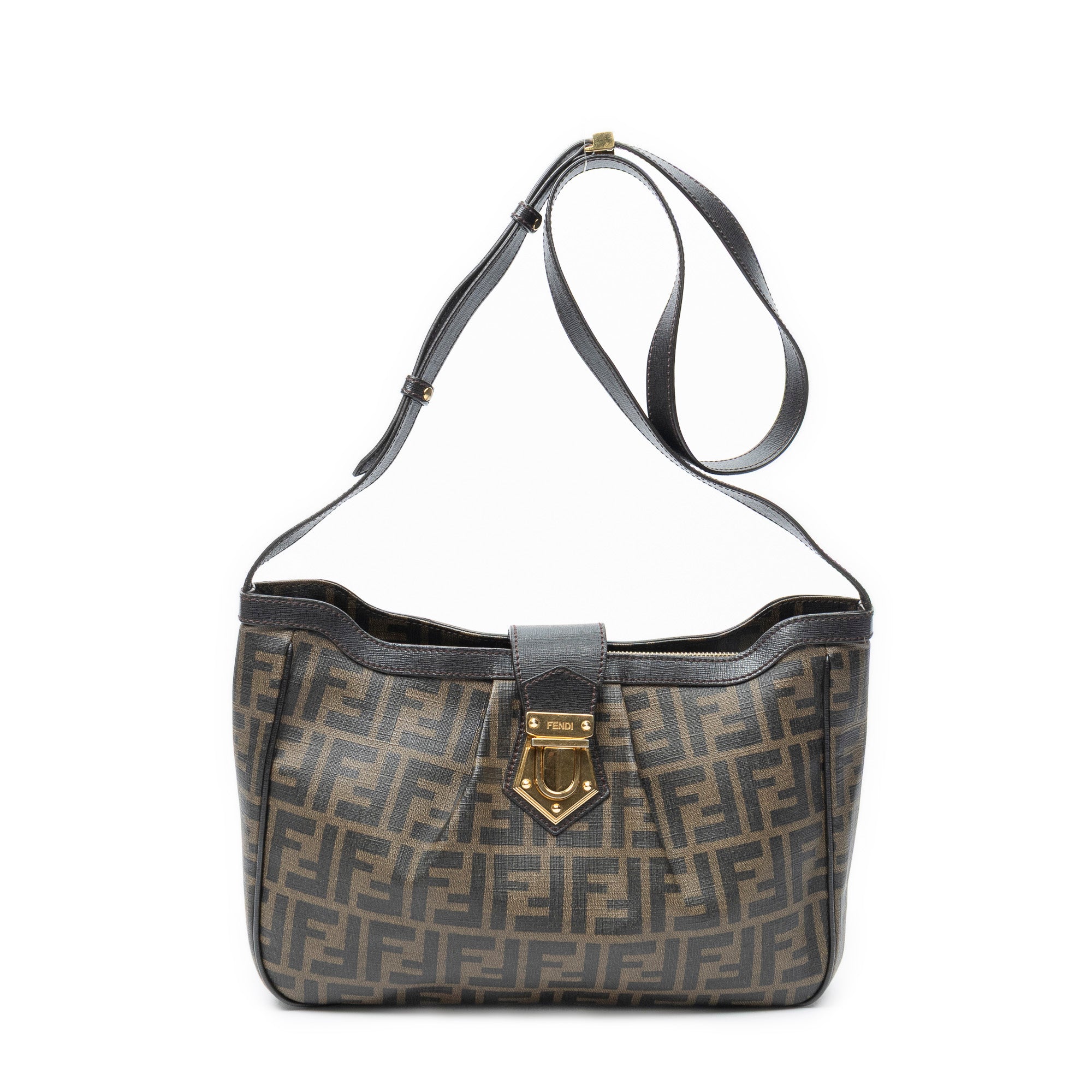 Shoulder Bag Buckle Crossbody Brown Zucca Coated Canvas