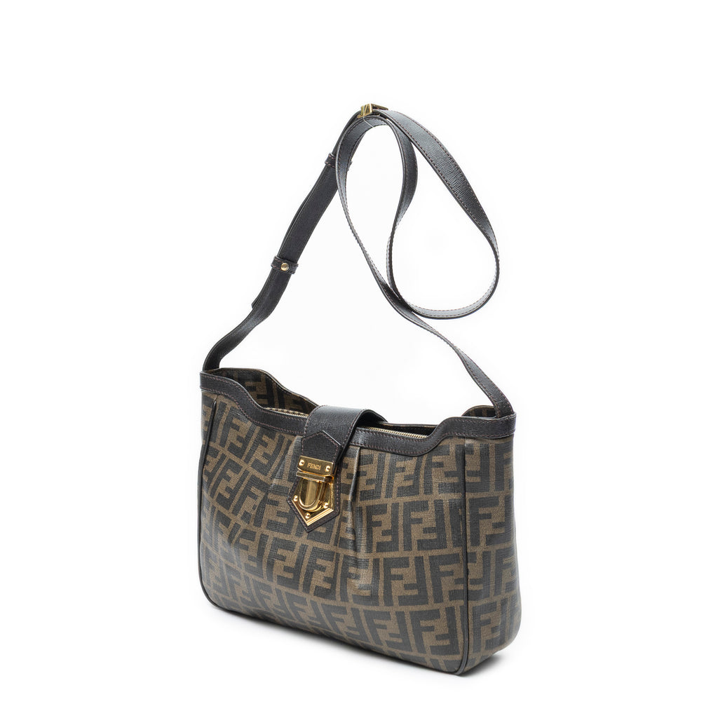 Shoulder Bag Buckle Crossbody Brown Zucca Coated Canvas