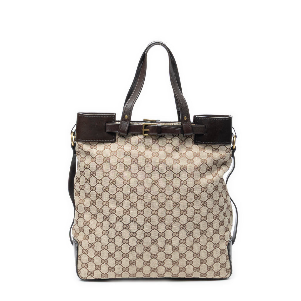 Shoulder Bag Vertical Buckle Tote Beige Monogrammed Canvas
