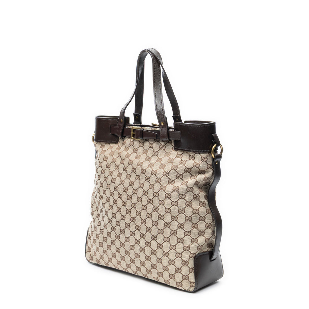 Shoulder Bag Vertical Buckle Tote Beige Monogrammed Canvas