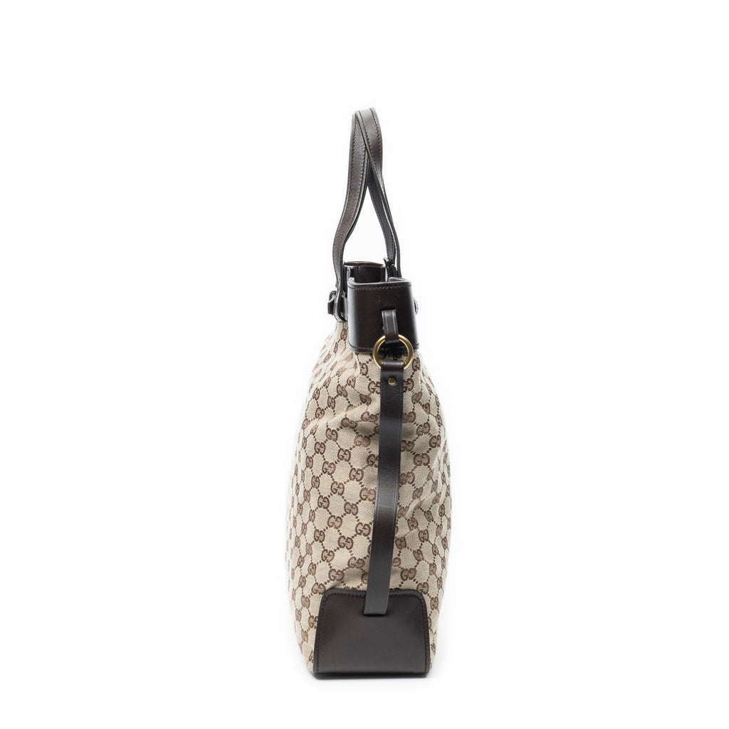 Shoulder Bag Vertical Buckle Tote Beige Monogrammed Canvas