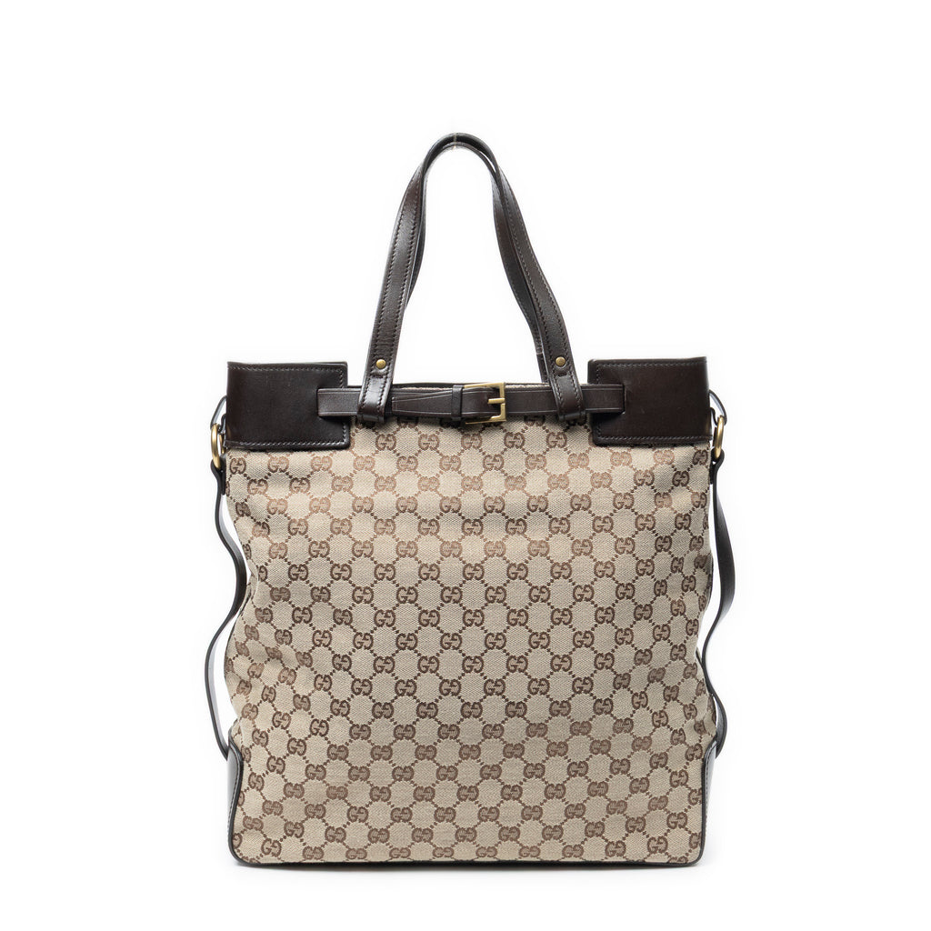 Shoulder Bag Vertical Buckle Tote Beige Monogrammed Canvas