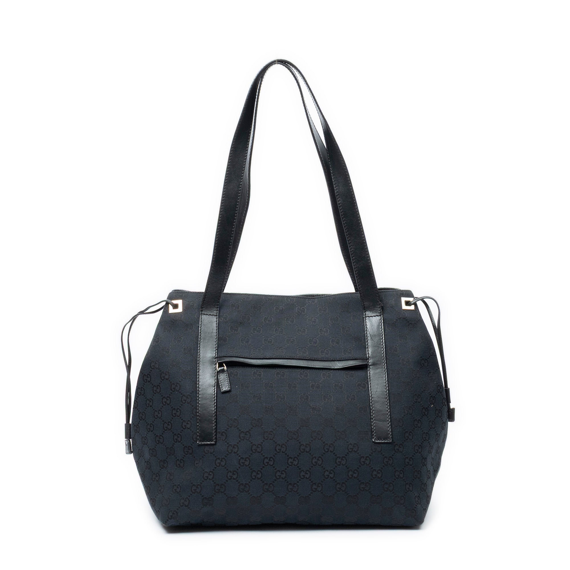 Shoulder Bag Side Drawstring Shopping Tote Black Monogrammed Canvas