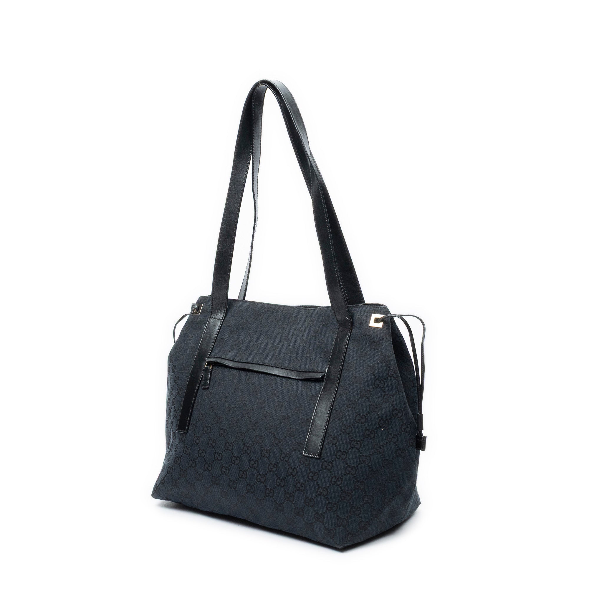 Shoulder Bag Side Drawstring Shopping Tote Black Monogrammed Canvas