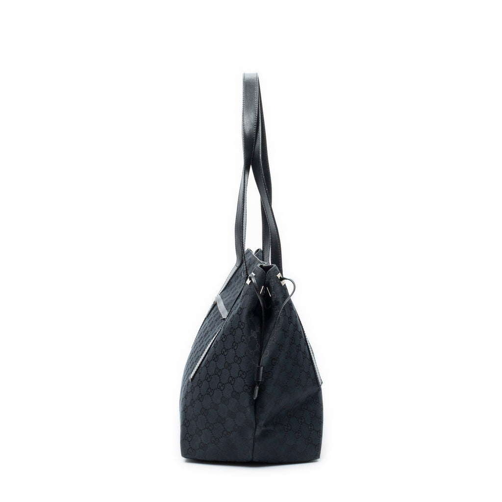 Shoulder Bag Side Drawstring Shopping Tote Black Monogrammed Canvas