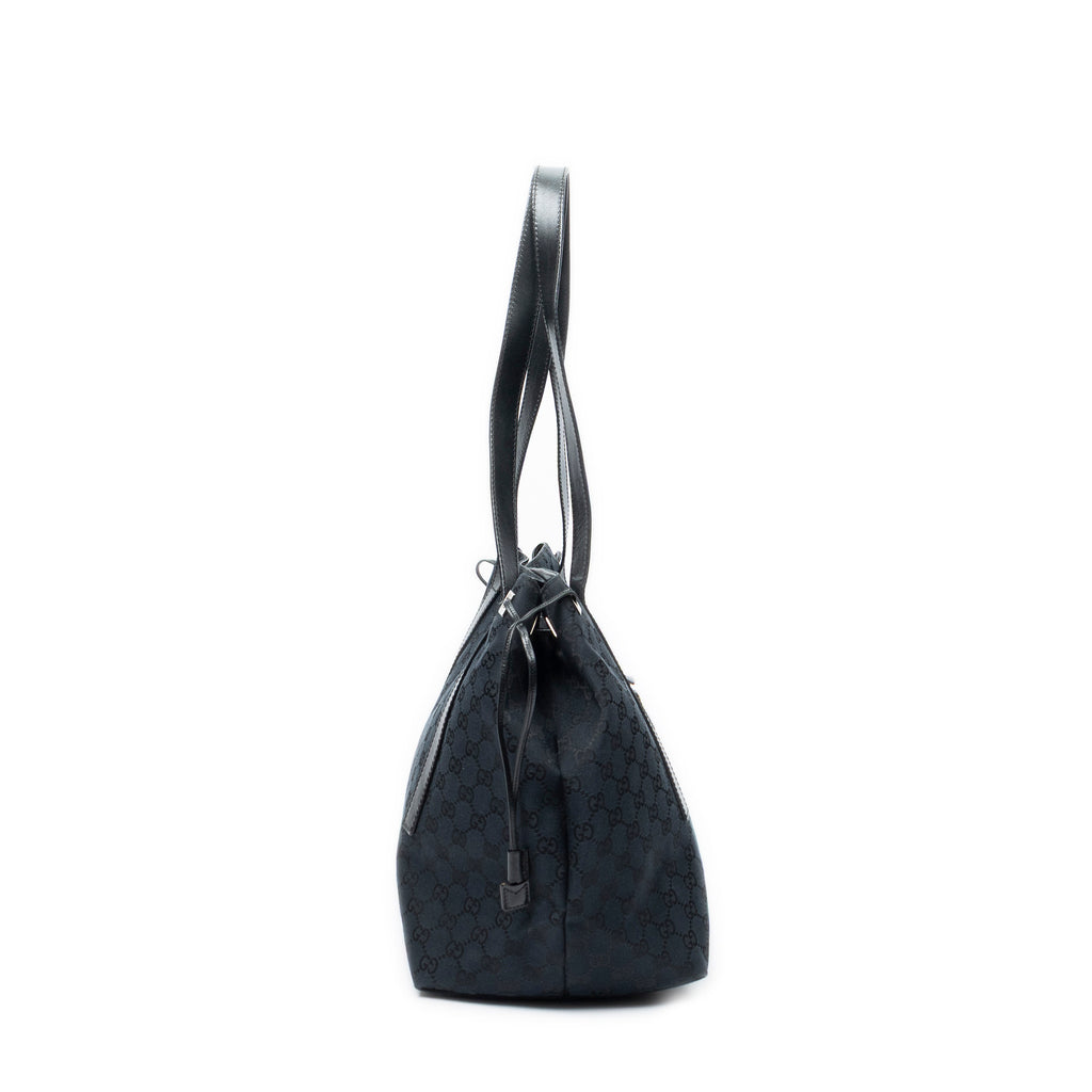 Shoulder Bag Side Drawstring Shopping Tote Black Monogrammed Canvas
