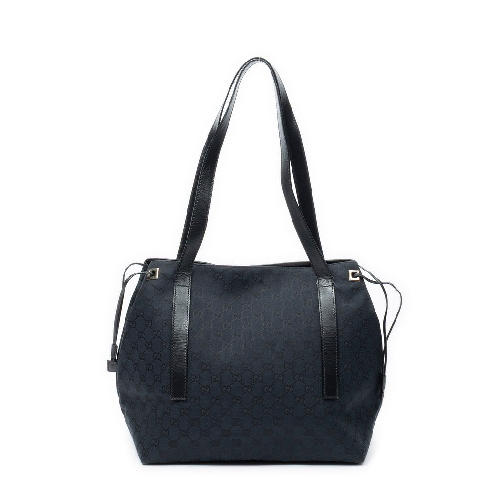 Shoulder Bag Side Drawstring Shopping Tote Black Monogrammed Canvas