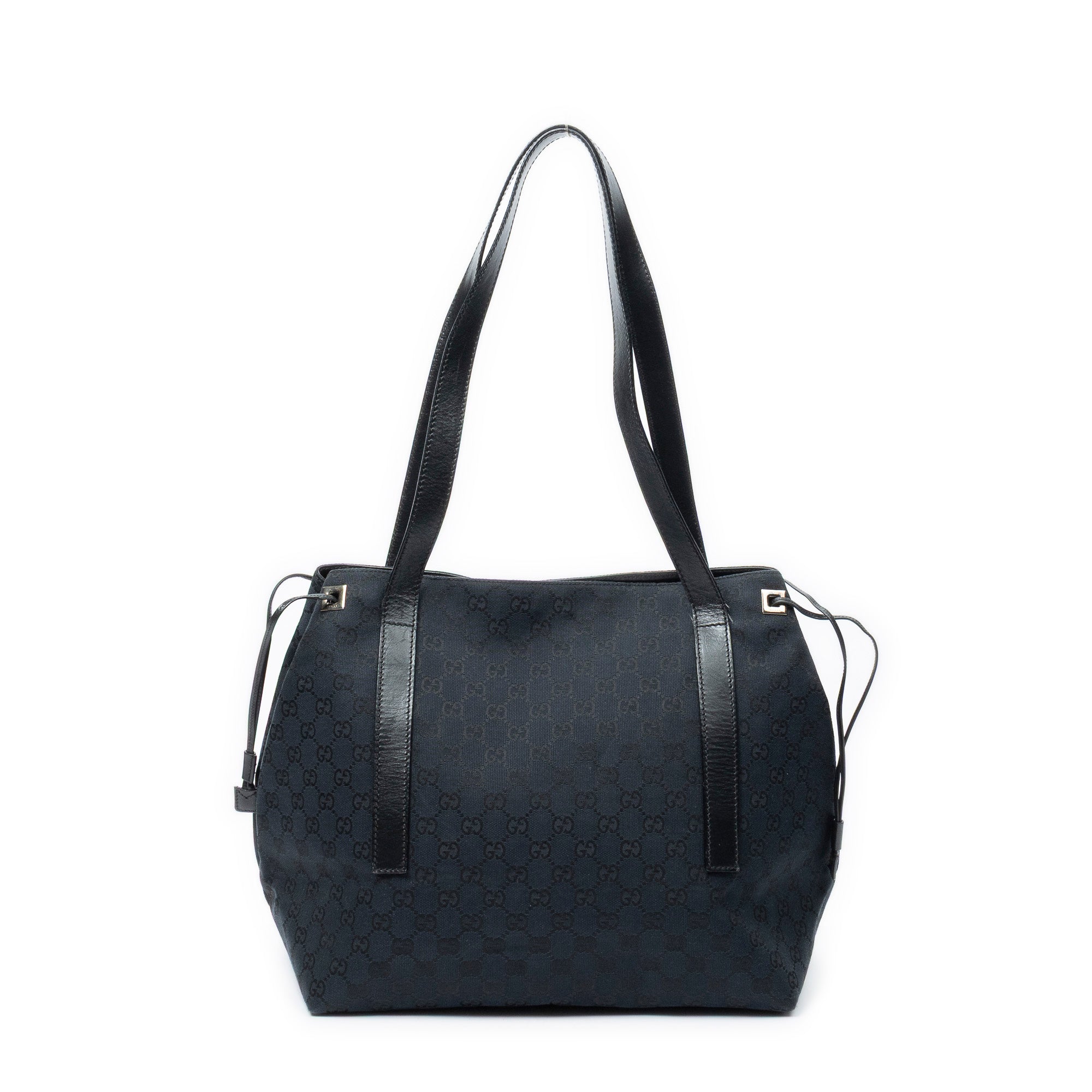 Shoulder Bag Side Drawstring Shopping Tote Black Monogrammed Canvas