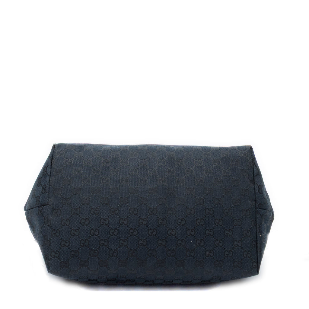Shoulder Bag Side Drawstring Shopping Tote Black Monogrammed Canvas