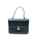 Shoulder Bag Vintage Turn Lock Flap Top Handle Navy Smooth Leather